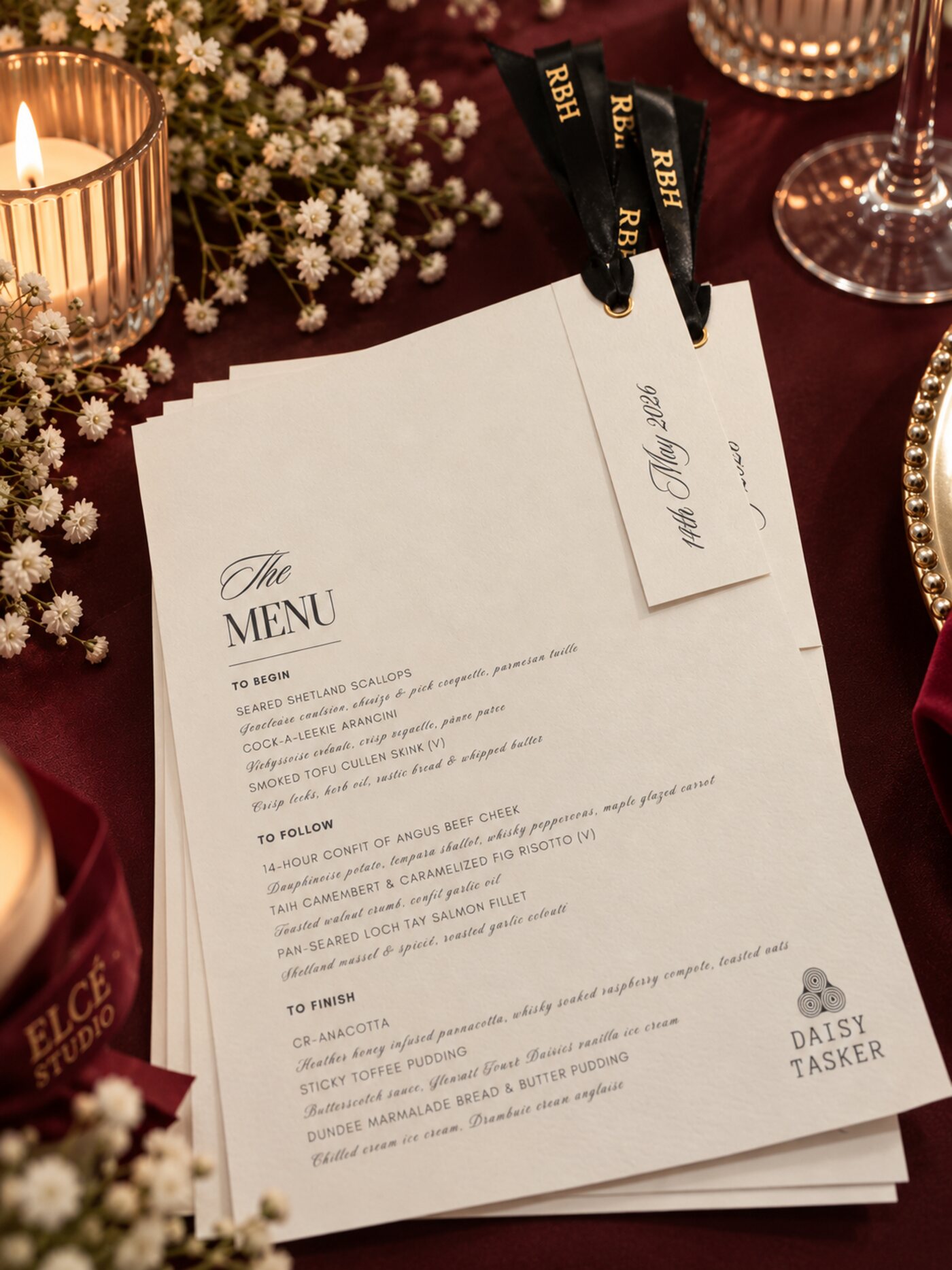 Ribbon-tied wedding menus