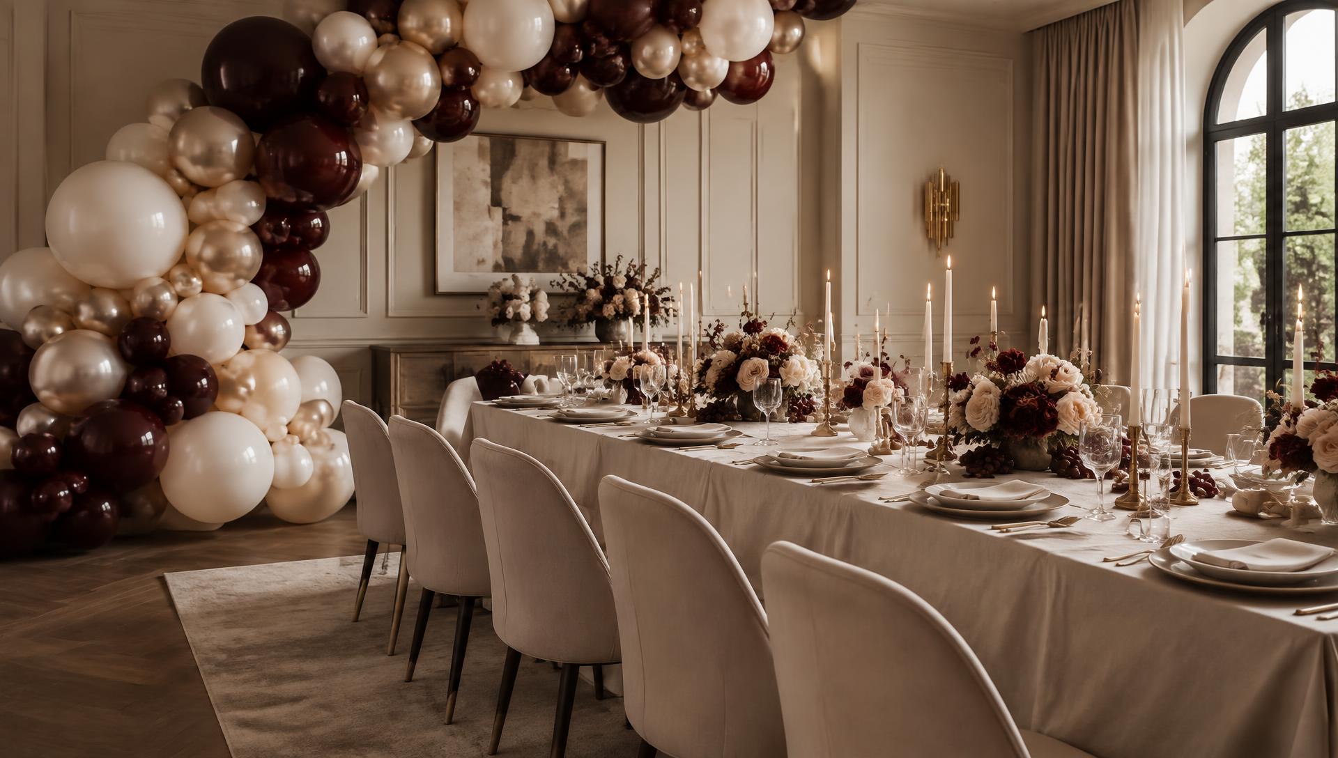 Burgundy and ivory balloon arch over a candlelit dining table